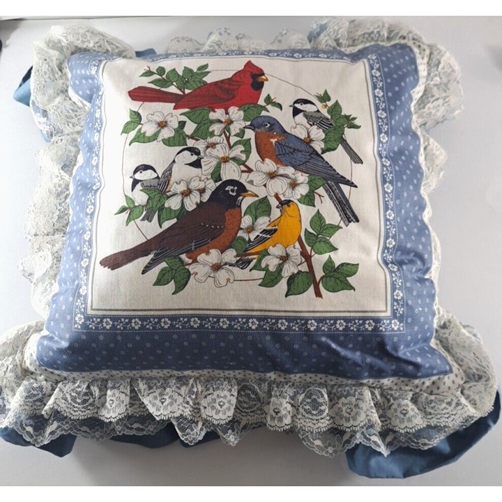 VTG Throw Pillow Birds Cardinal Bluebird Robin Blue 1980s Lace Ruffle 21x21