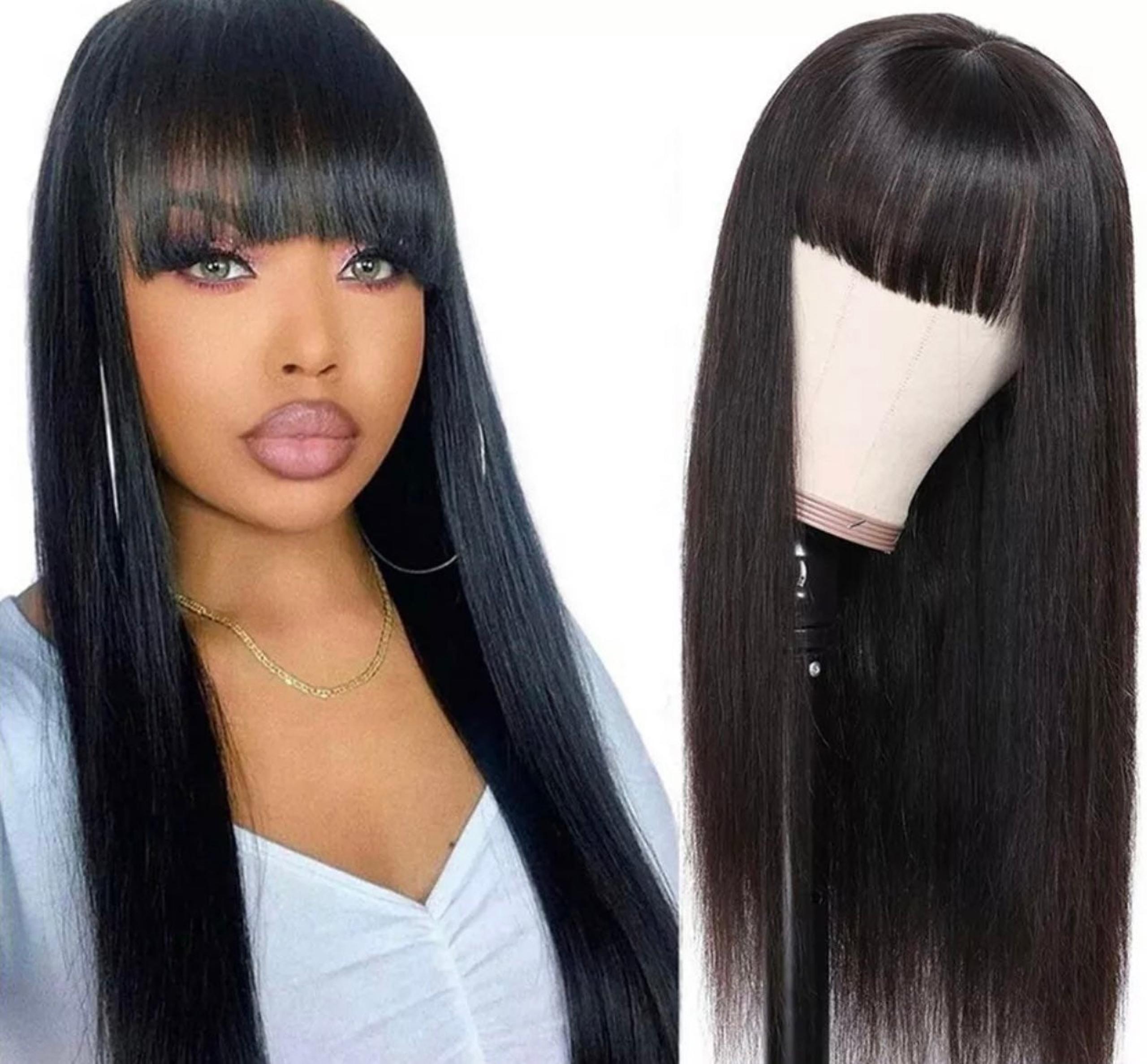 22"Full neat bangs none lace front human hair wig  long