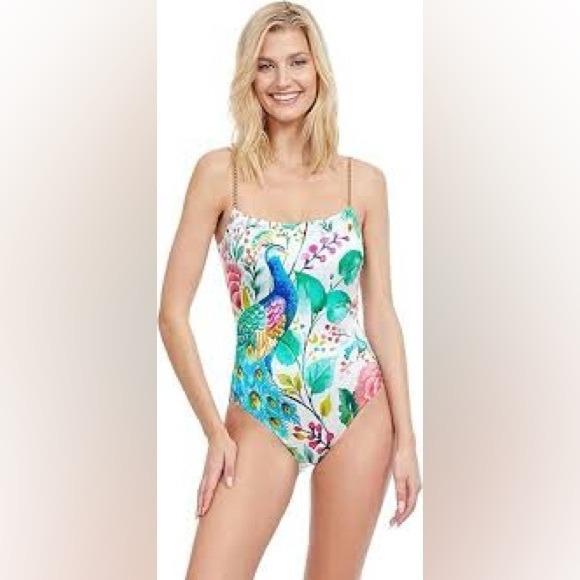 GOTTEX MAYURIKA FULL COVERAGE SQUARE NECK ONE PIECE SWIMSUIT 16 WOMENS PEACOCK