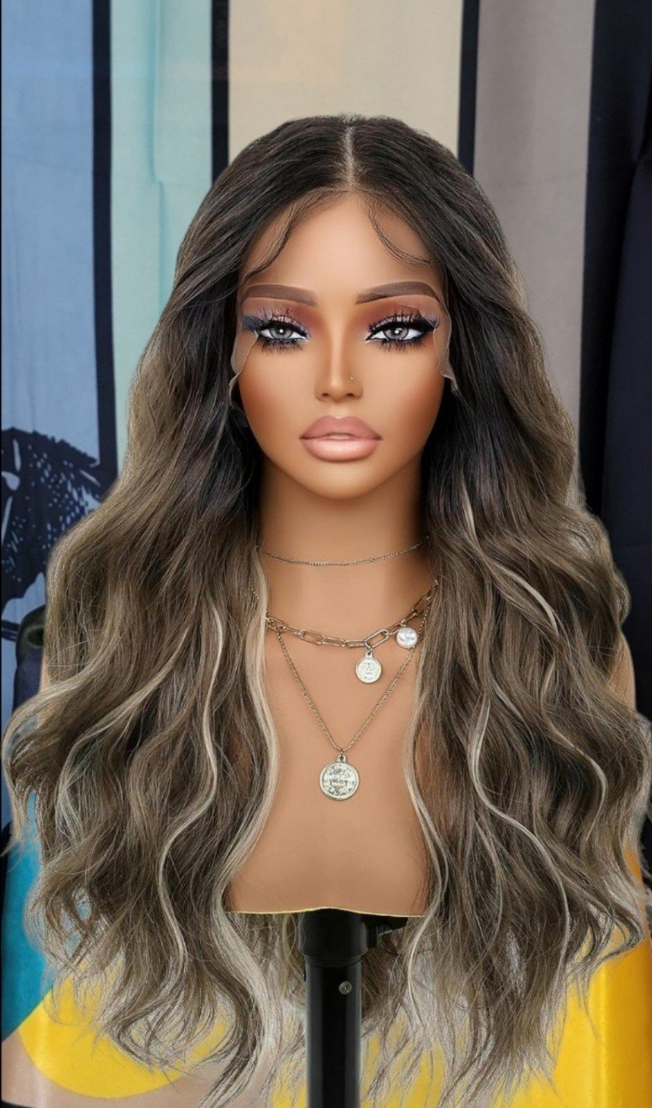 Celebrity brown dark root loose wavy hd lace front wig with ash blonde highlight