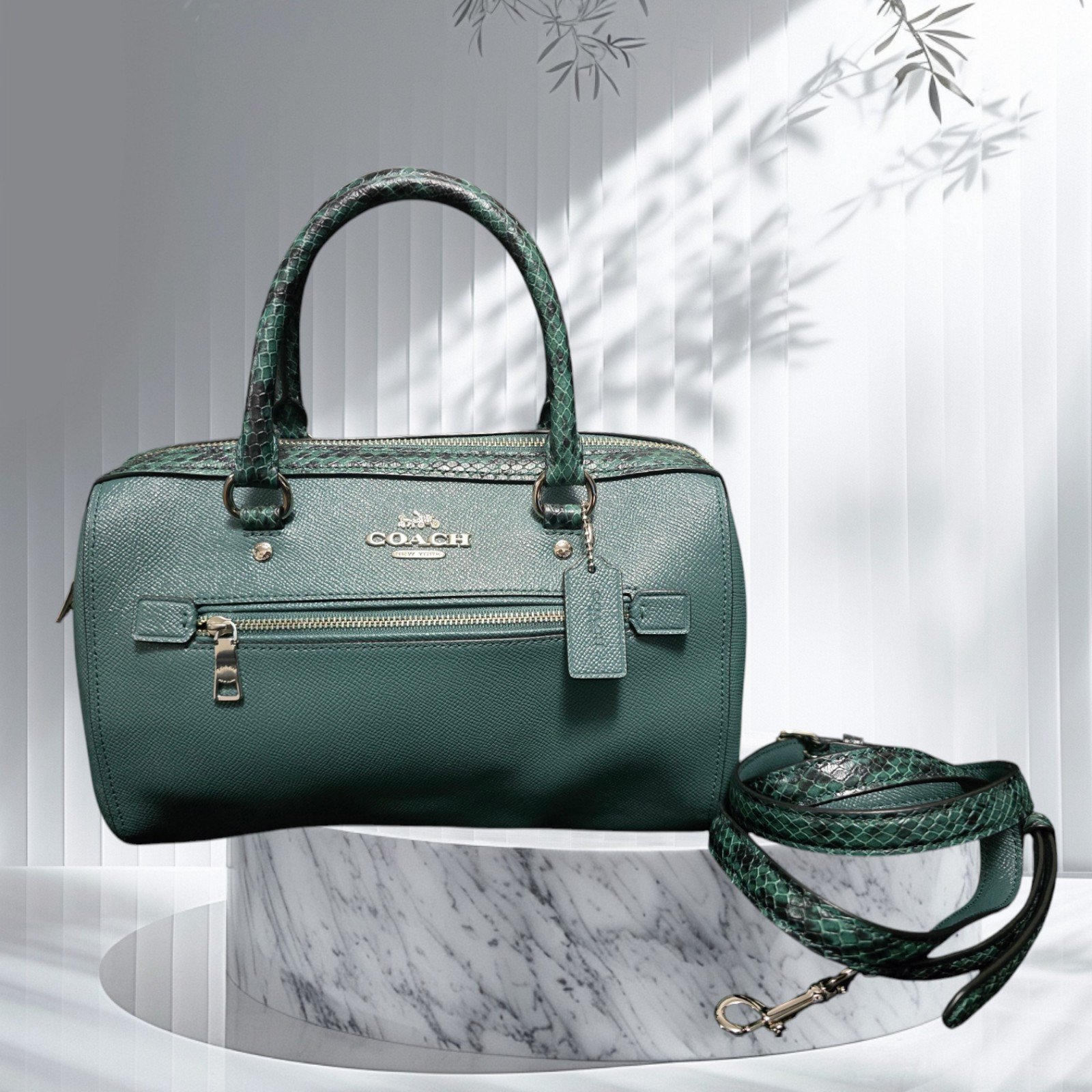 Coach Leather with Snake Trim Rowan Satchel In Deep Turquoise Blue