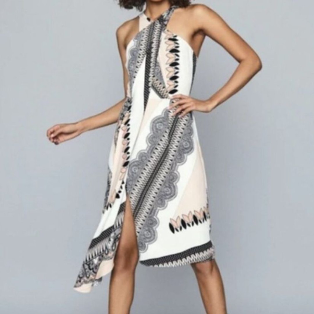 NWT REISS Hope Scarf Print Wrap Dress Asymmetrical Hem Pink White Black US 14