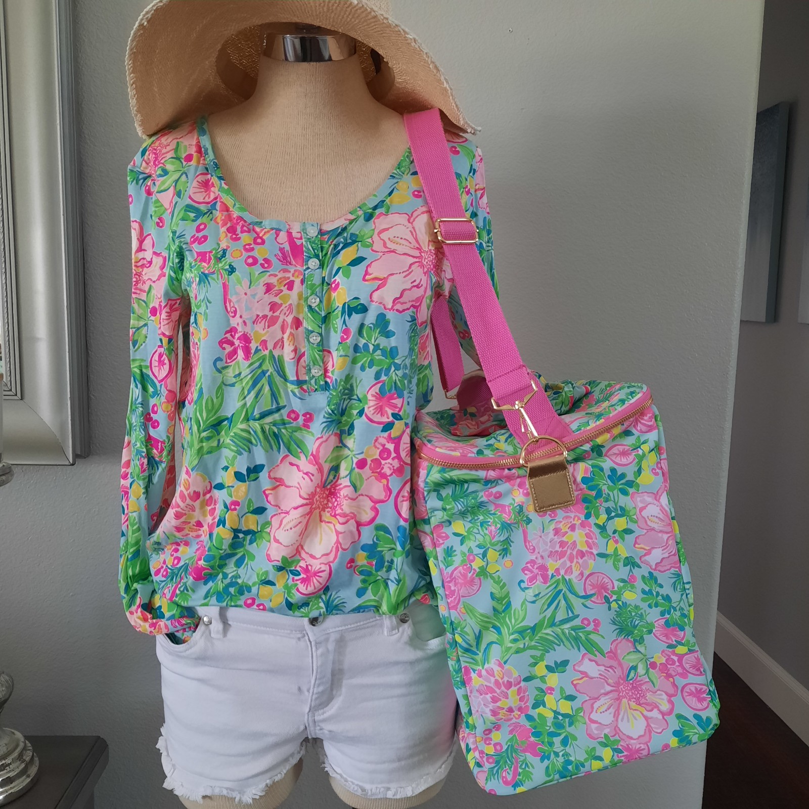 NEW Lilly Pulitzer PJ Knit LS Henley Top and Wine Carrier in Fruity Flamingo