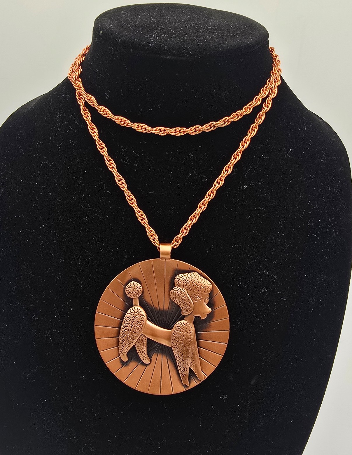 SOLID COPPER POODLE DOG PENDANT NECKLACE & CHAIN VINTAGE 1950s 28