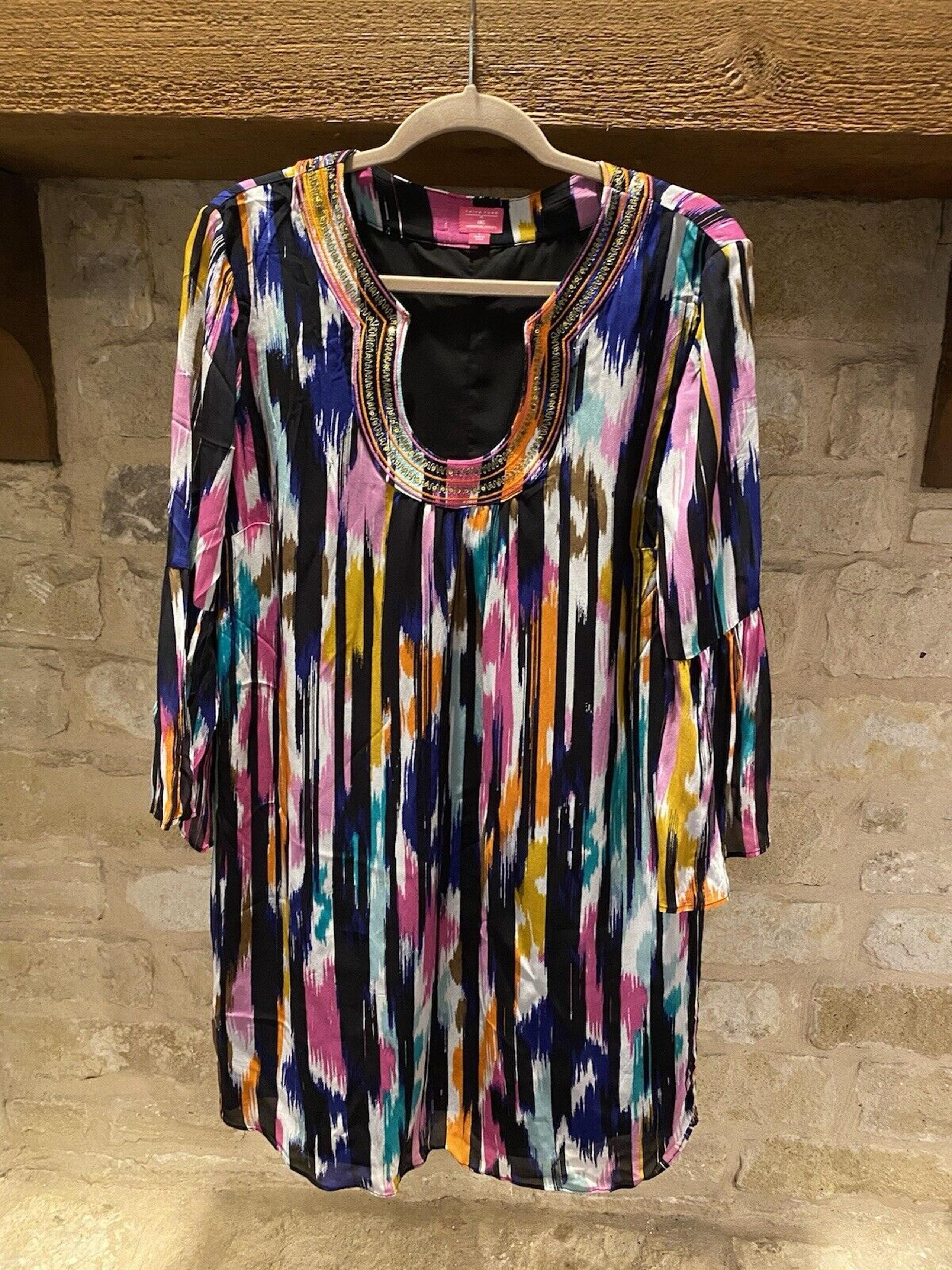 TRINA TURK X INC Sz L Women's Colorful Bell Sleeve Sequin Collar Shift Dress