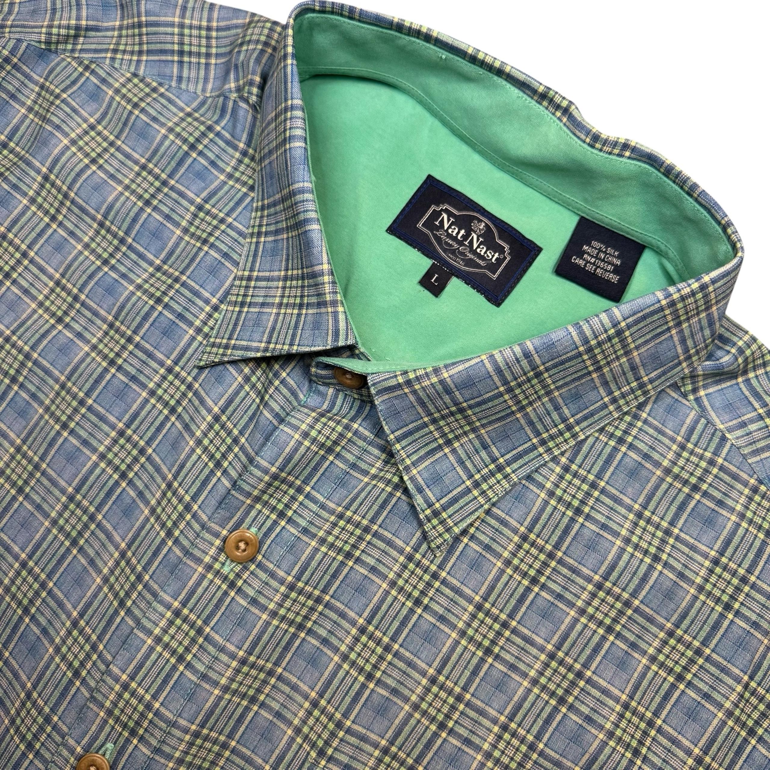Nat Nast Men's Large 100% Silk Short Sleeve Button-Up Green Blue Plaid Pocket