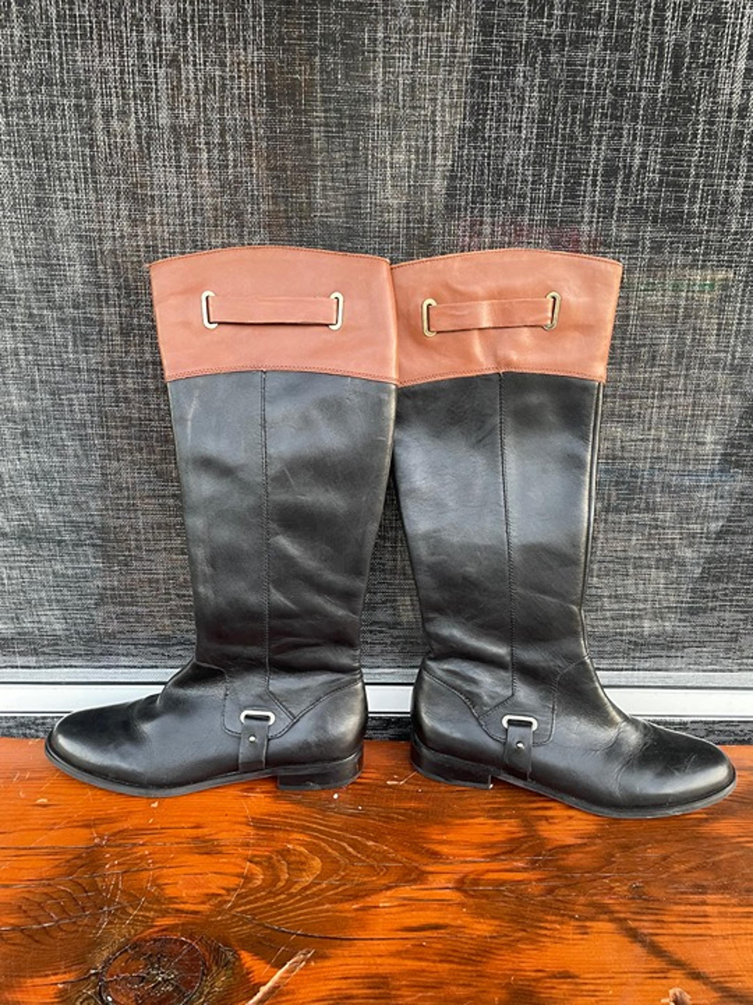 Etienne Aigner Chastity Tall Riding Boots Womens 9.5M Black Brown Leather Zip
