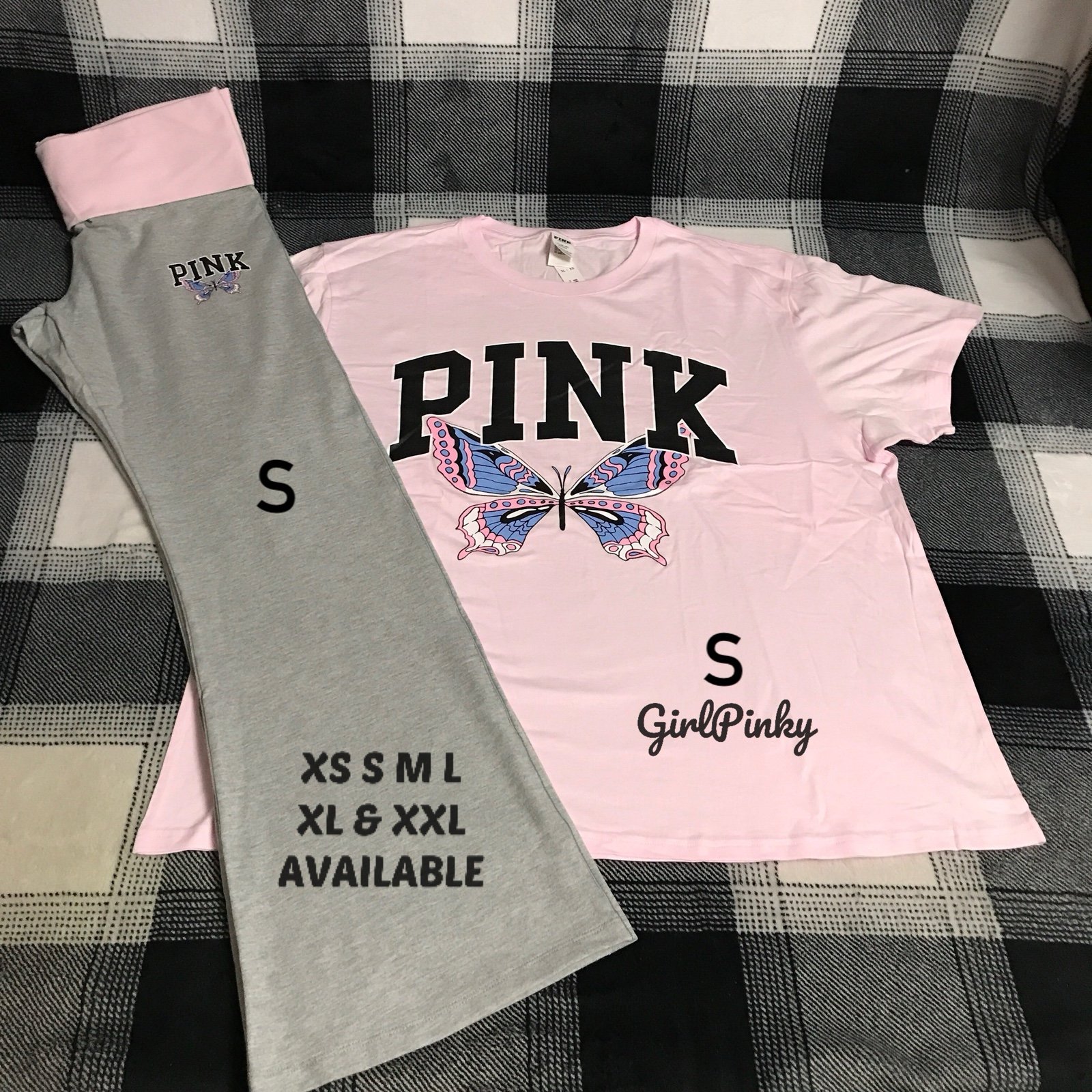 VS PINK FLARE COTTON LEGGINGS & CAMPUS TEE PINK TULIP & BUTTERFLY LOGO SMALL