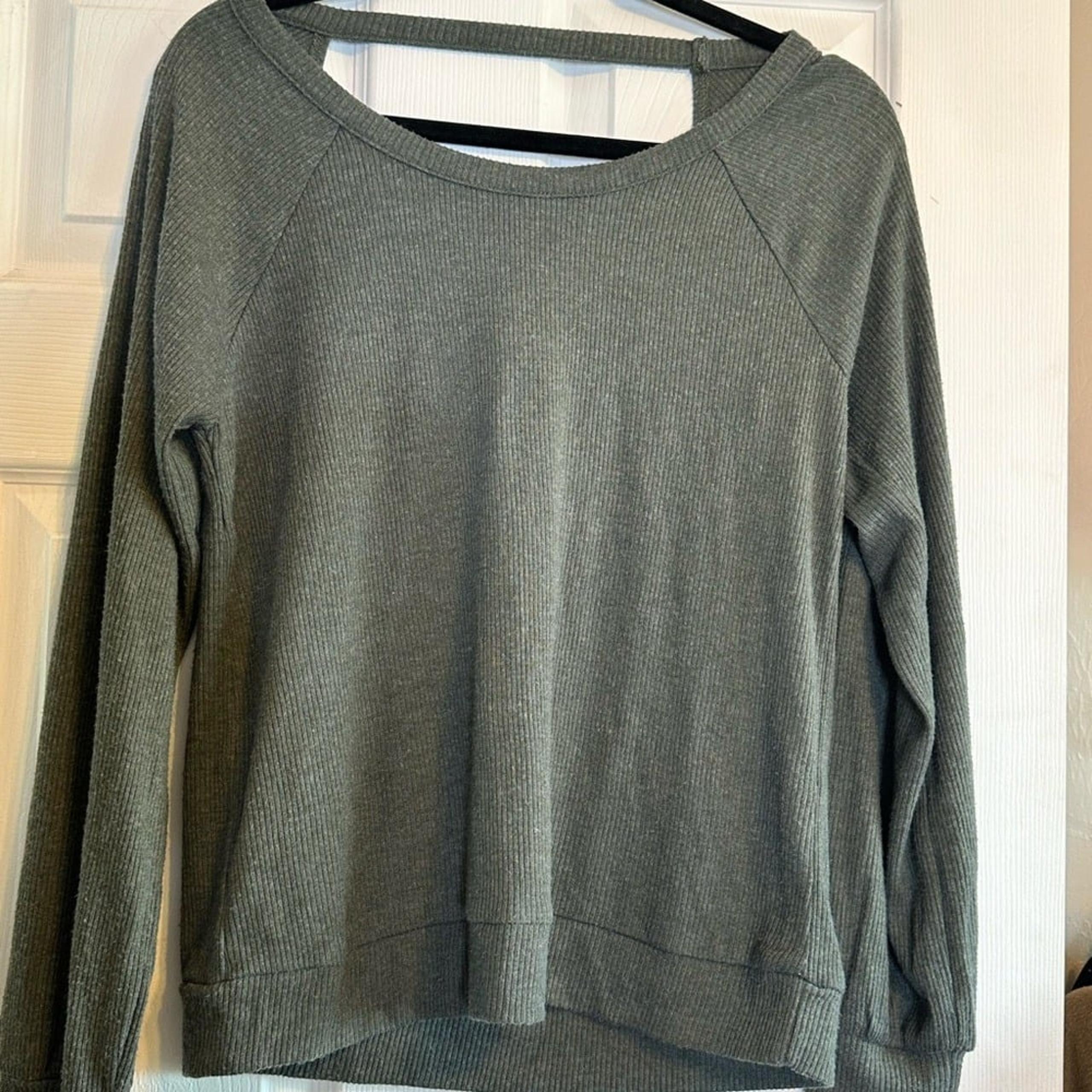 Ribbed Knit Top Open Back Long Sleeve Casual Olive Green Shirt