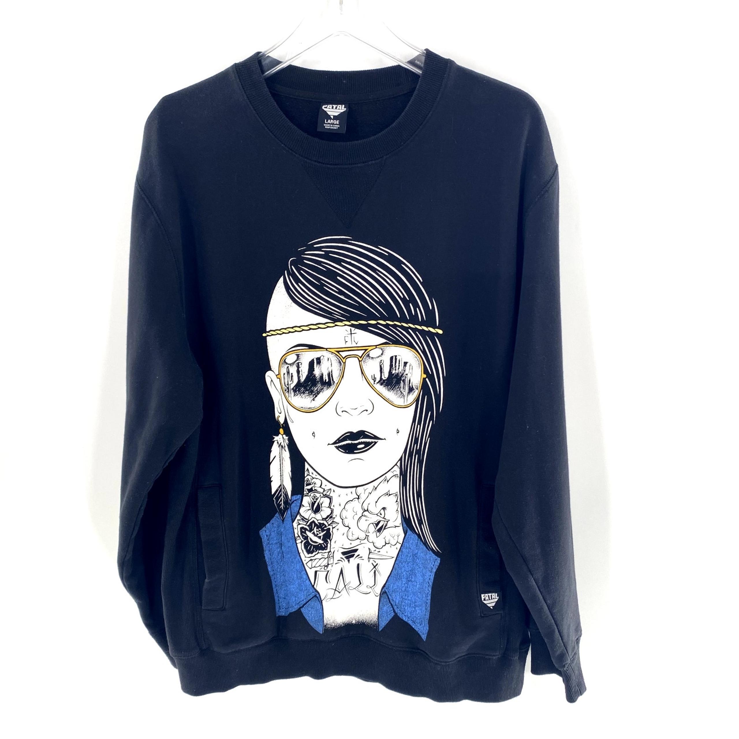 Fatal Graphic Print Sweatshirt Southwest Woman Face Sz L Black Pockets