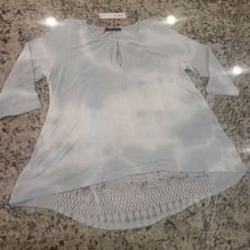 Gypsy 05 Boho high low sweater with lace back Small blue and off white