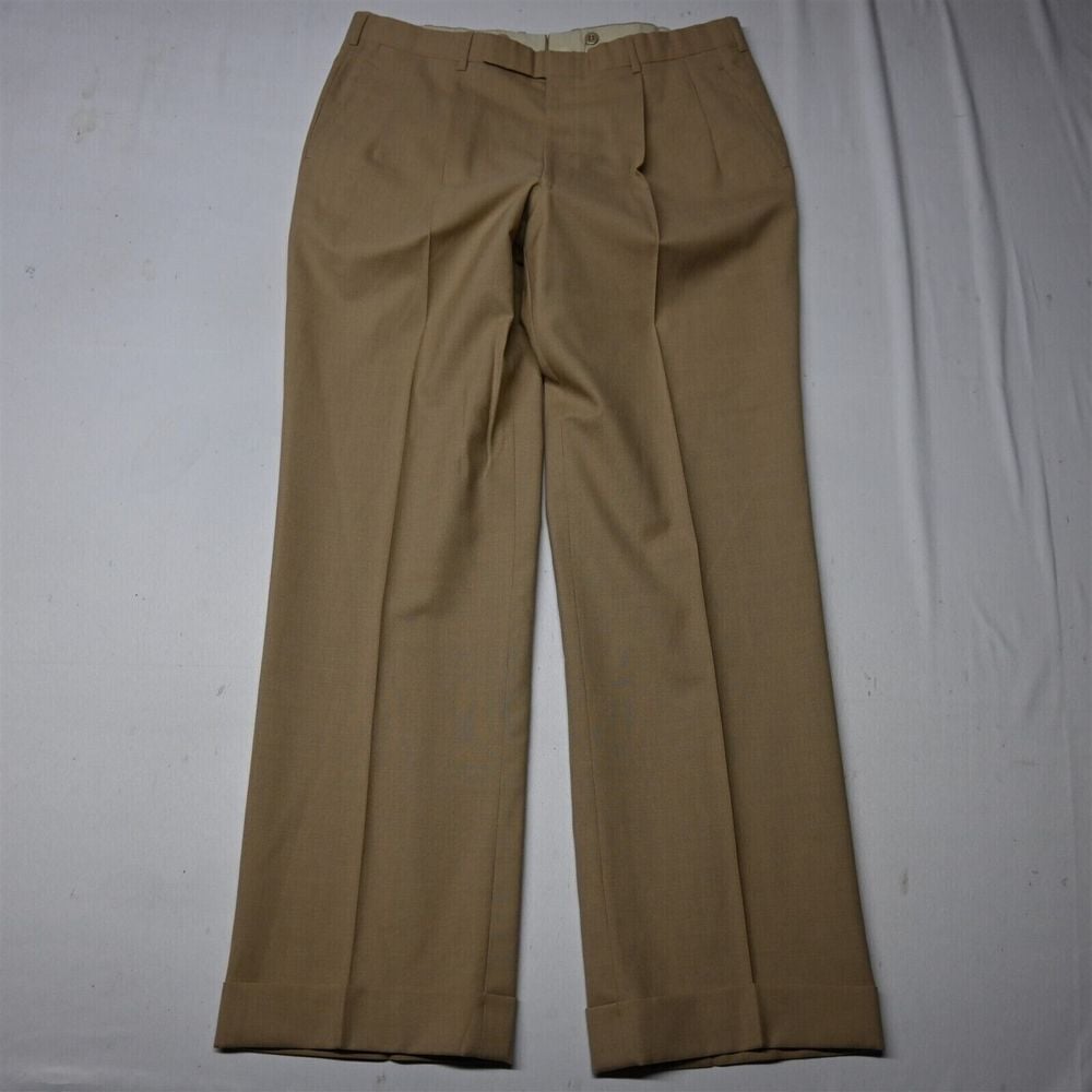 Bespoke 36x34 Green Pleated Cuffed Italy Tollegno 1900 Super 100s Wool Pants
