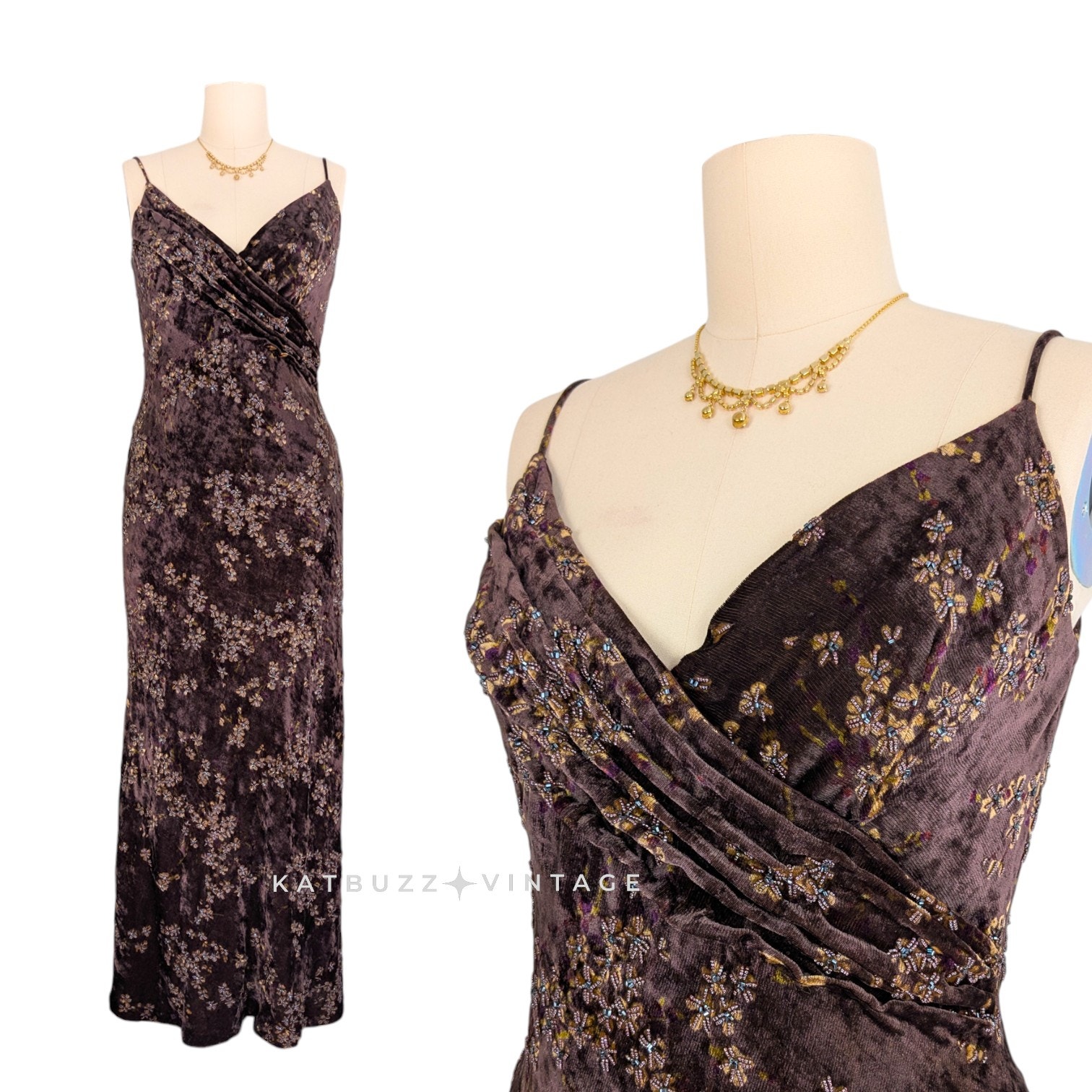 Vintage Velvet Prom Dress Maxi Gown 10 Brown Fairy Grunge Carmen Marc Valvo Bead