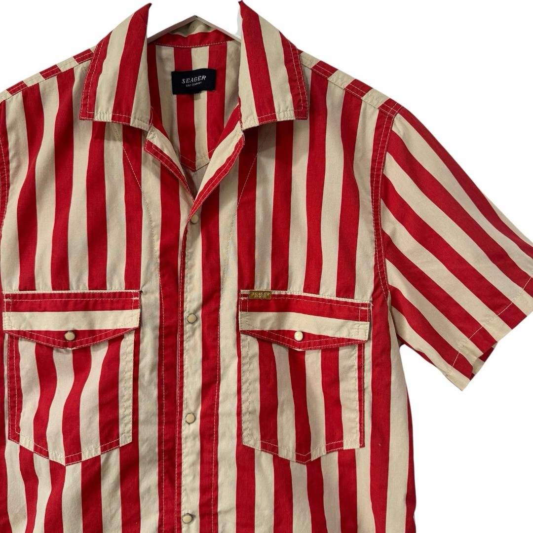 Seager Grit Whippersnapper Pearl Snap Shirt Med Red Stripe Western Flap Pockets