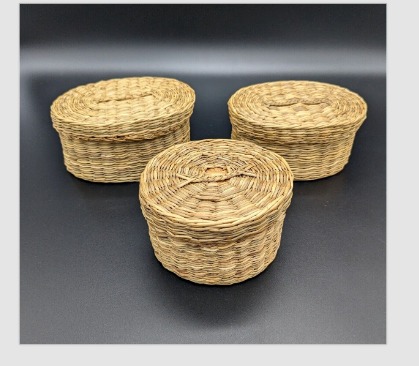 Vintage Handwoven Sweetgrass Straw Baskets w/Lids (Set of 3)