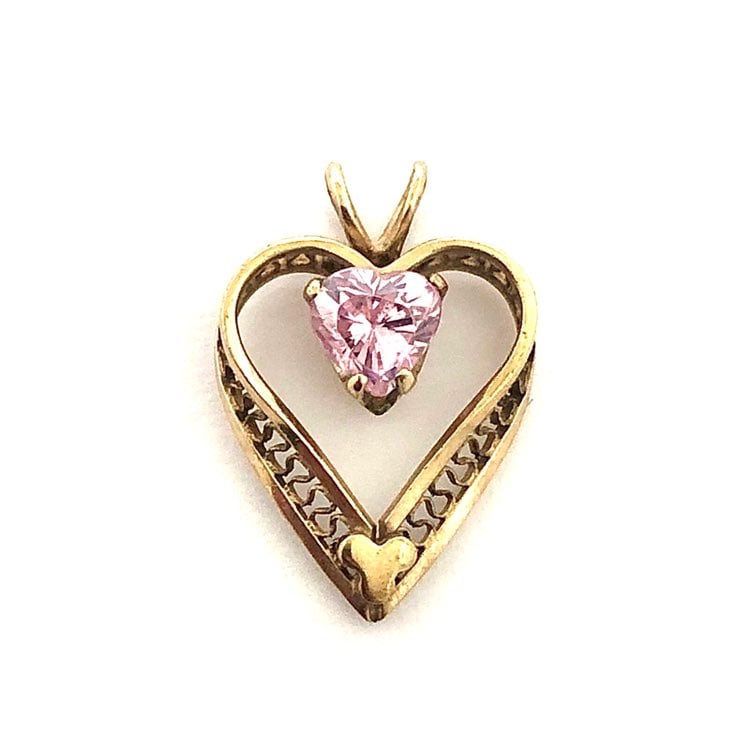 14K Gold Filled Heart Pendant Pink Stone