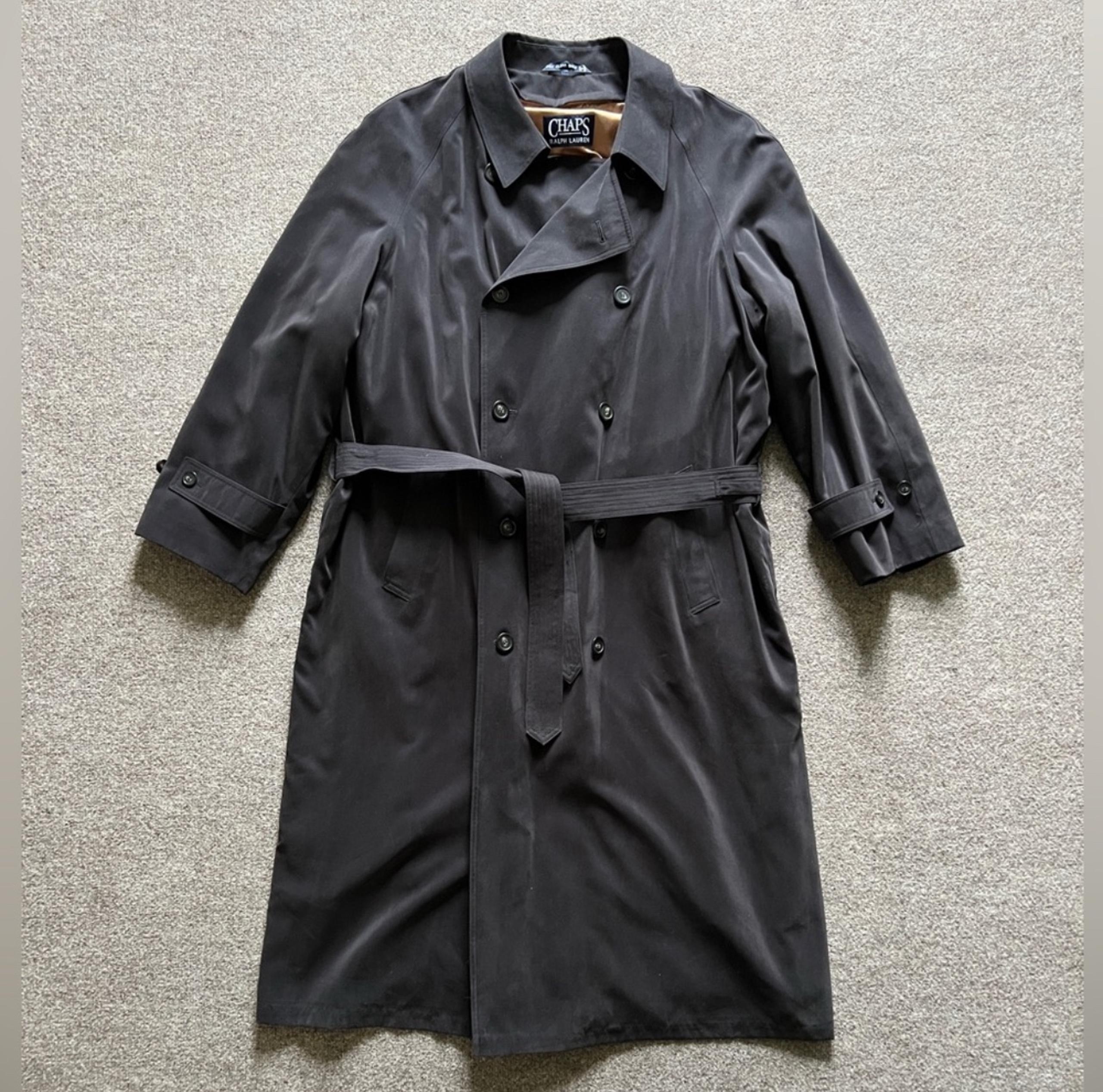 Chaps Ralph Lauren Vintage Double Breasted Belted Long Black Trench Coat Men 48L