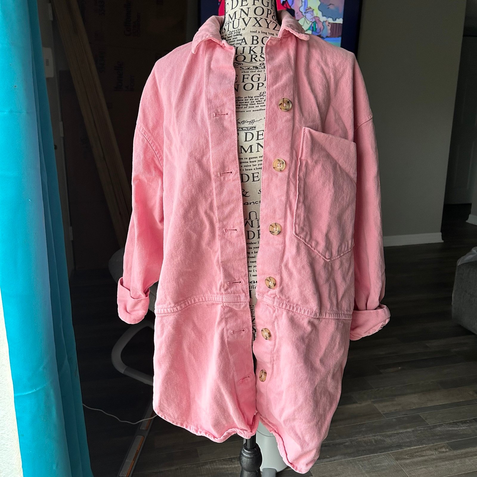 Zara Women's Pink Denim Oversized T-shirt Jacket Shacket Round Bottom Hem XS