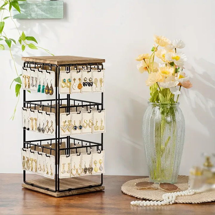 Earrings Storage Holder, Earrings Ear Studs Storage Organizer With Wooden Base-5
