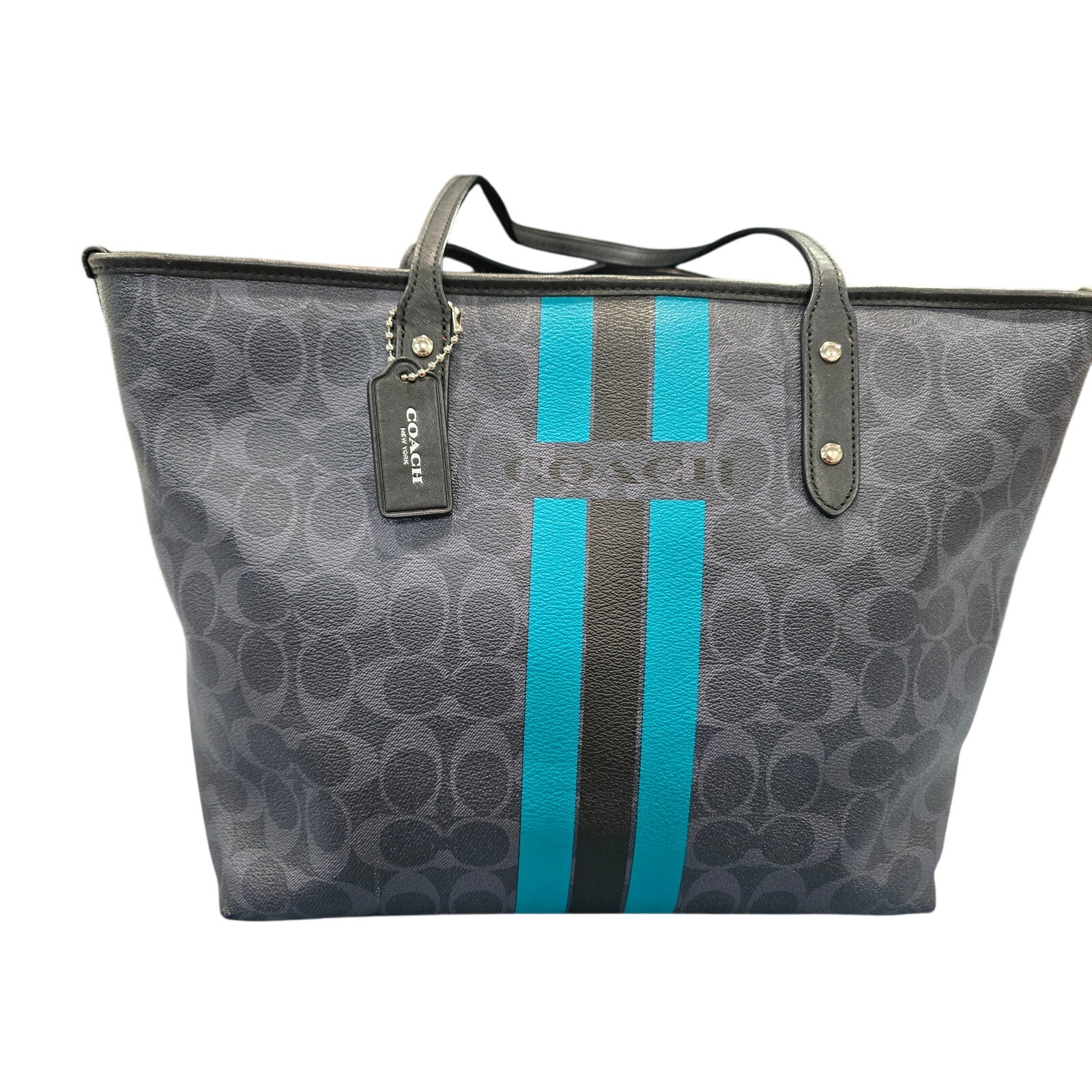 *COACH* Varsity Stripe City Zip Tote in Dark Blue/Black & Teal w/Long Wallet EUC