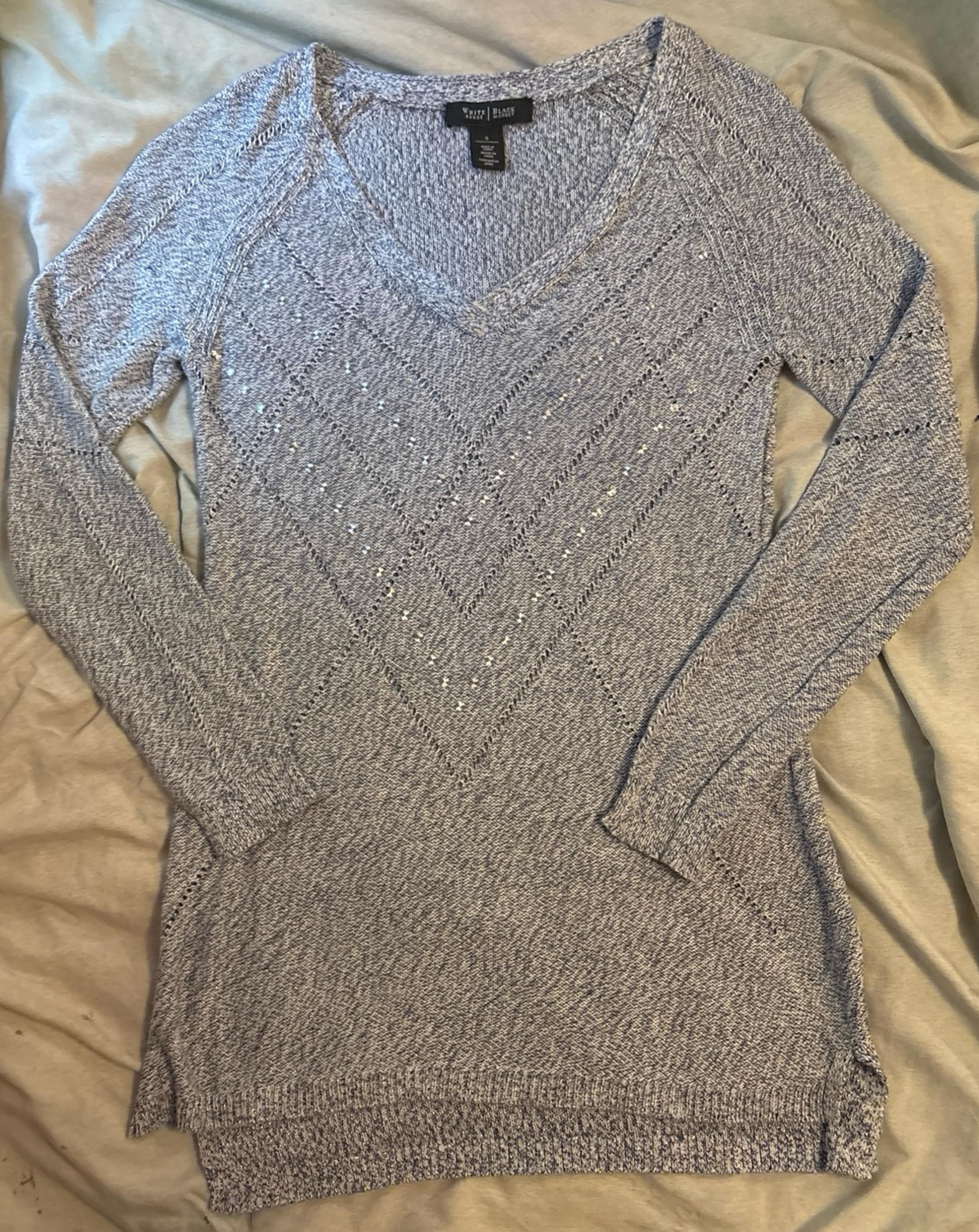 White House Black Market WHBM Sparkling Sequin Blue & Silver V Neck Sweater, S