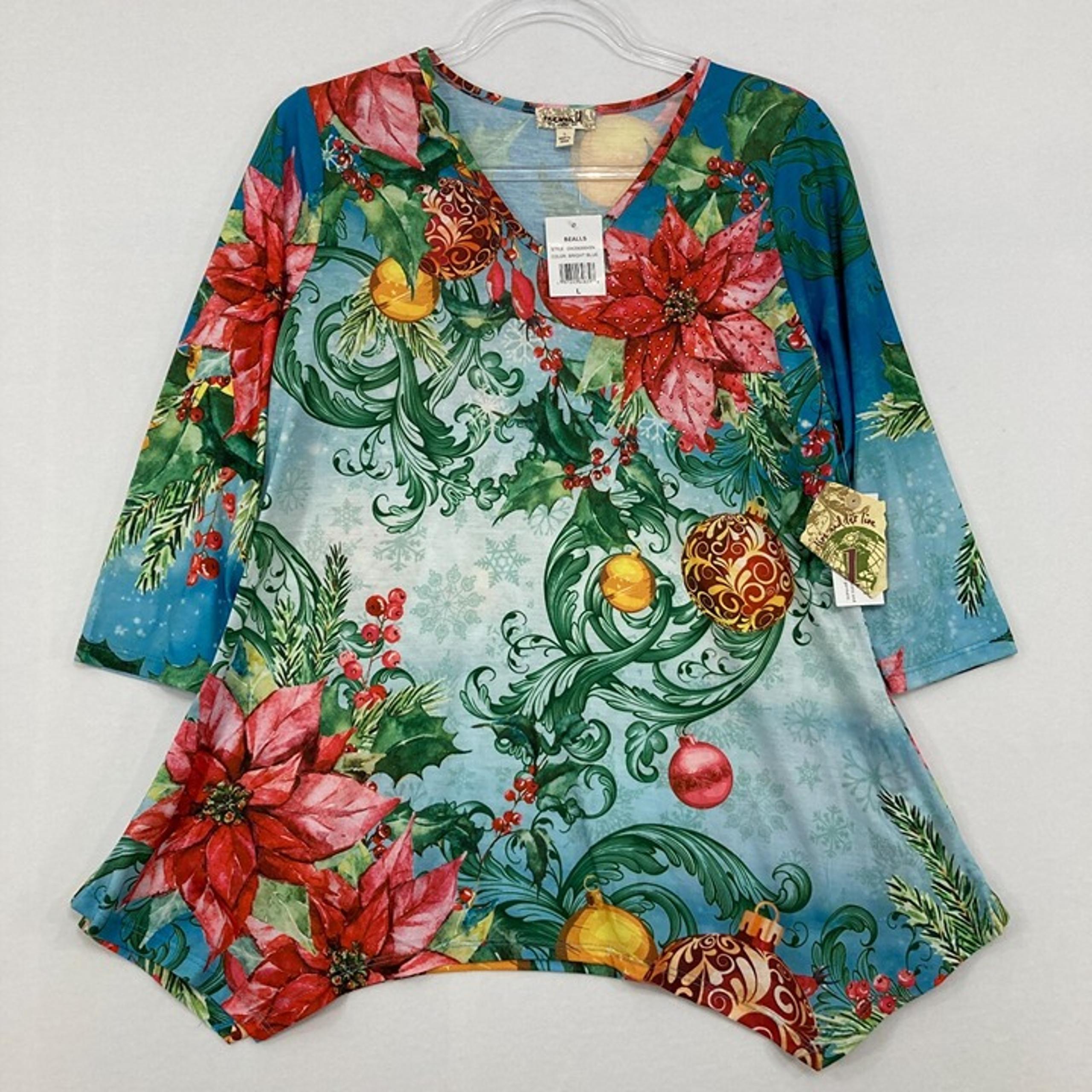 New One World size Large Colorful V Neck 3/4 Sleeve Stretch Knit Tunic Artsy