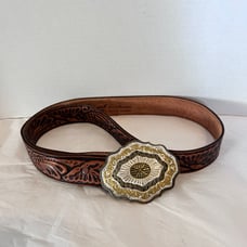 Vintage Crumrine Ornate Western Belt Buckle & Rockmount Saddle Leather Belt 42
