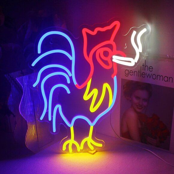 New Rooster Chicken Neon Sign, Red & Blue LED Light for Room & Party Gifts