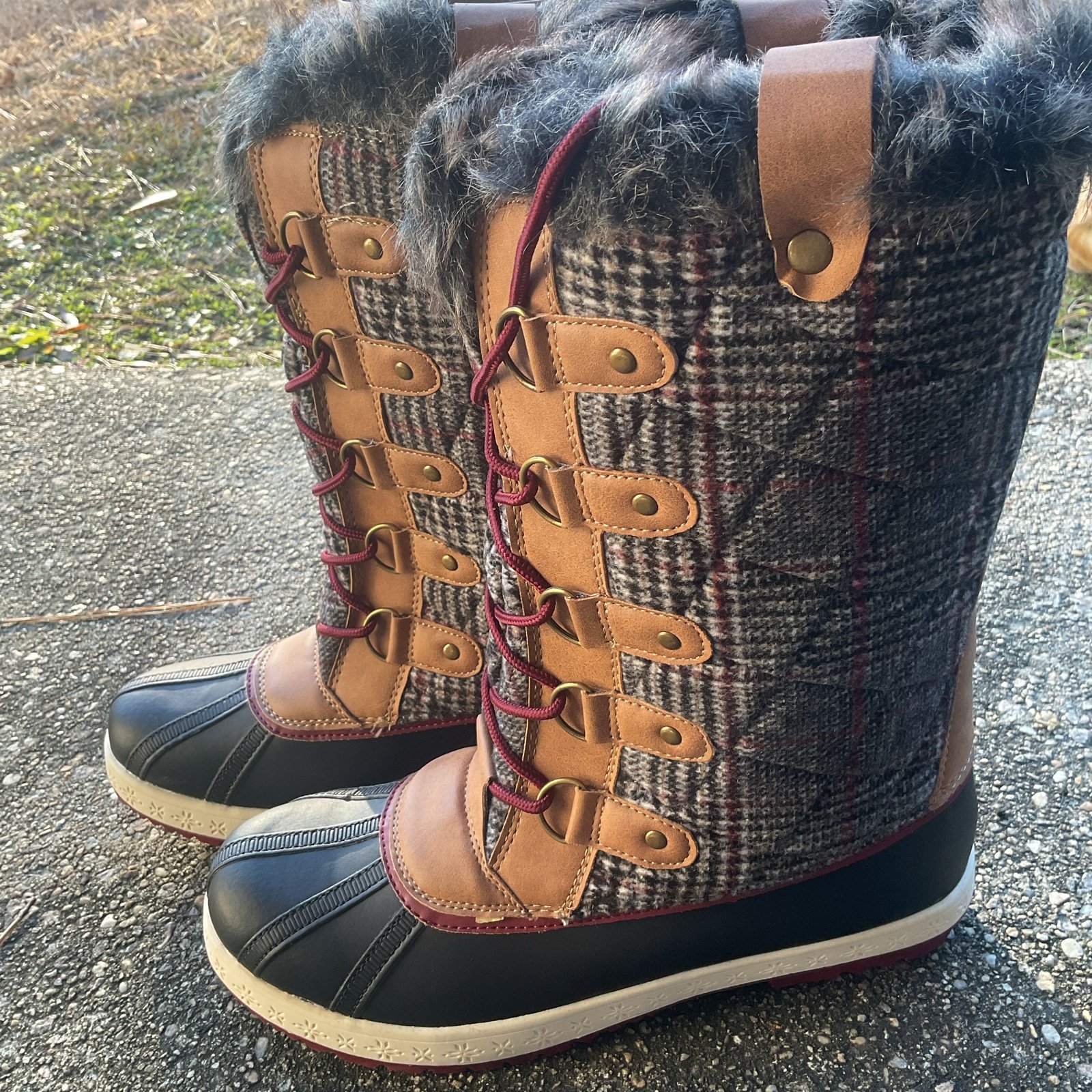 Woman’s Size 10 Tall Brown Plaid Winter Flat Boots, Meena, Faux Fur JustFab