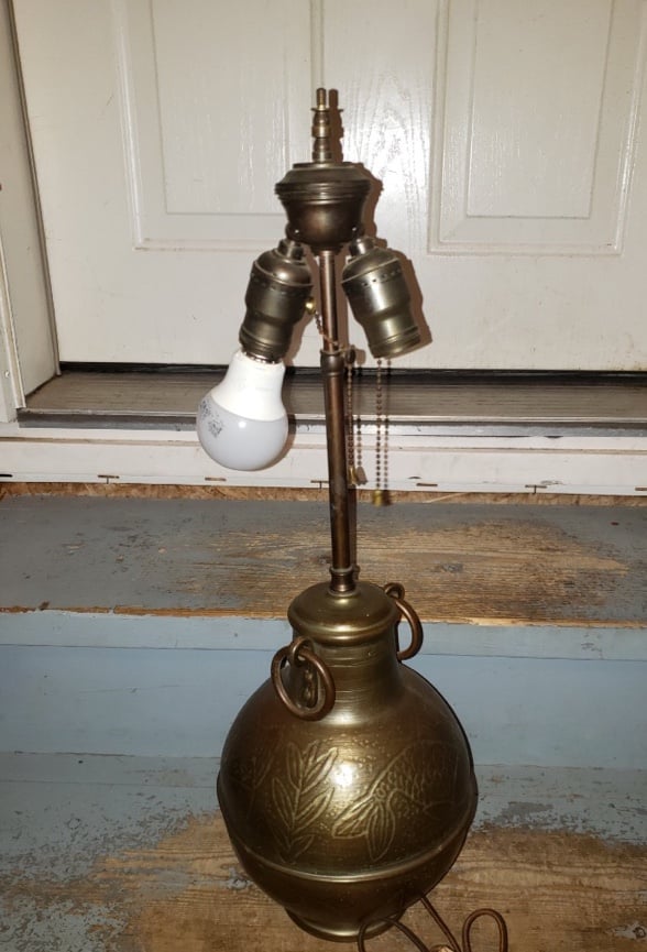 Vintage Handcrafted Hammered Copper Signed Dual Socket Lamp