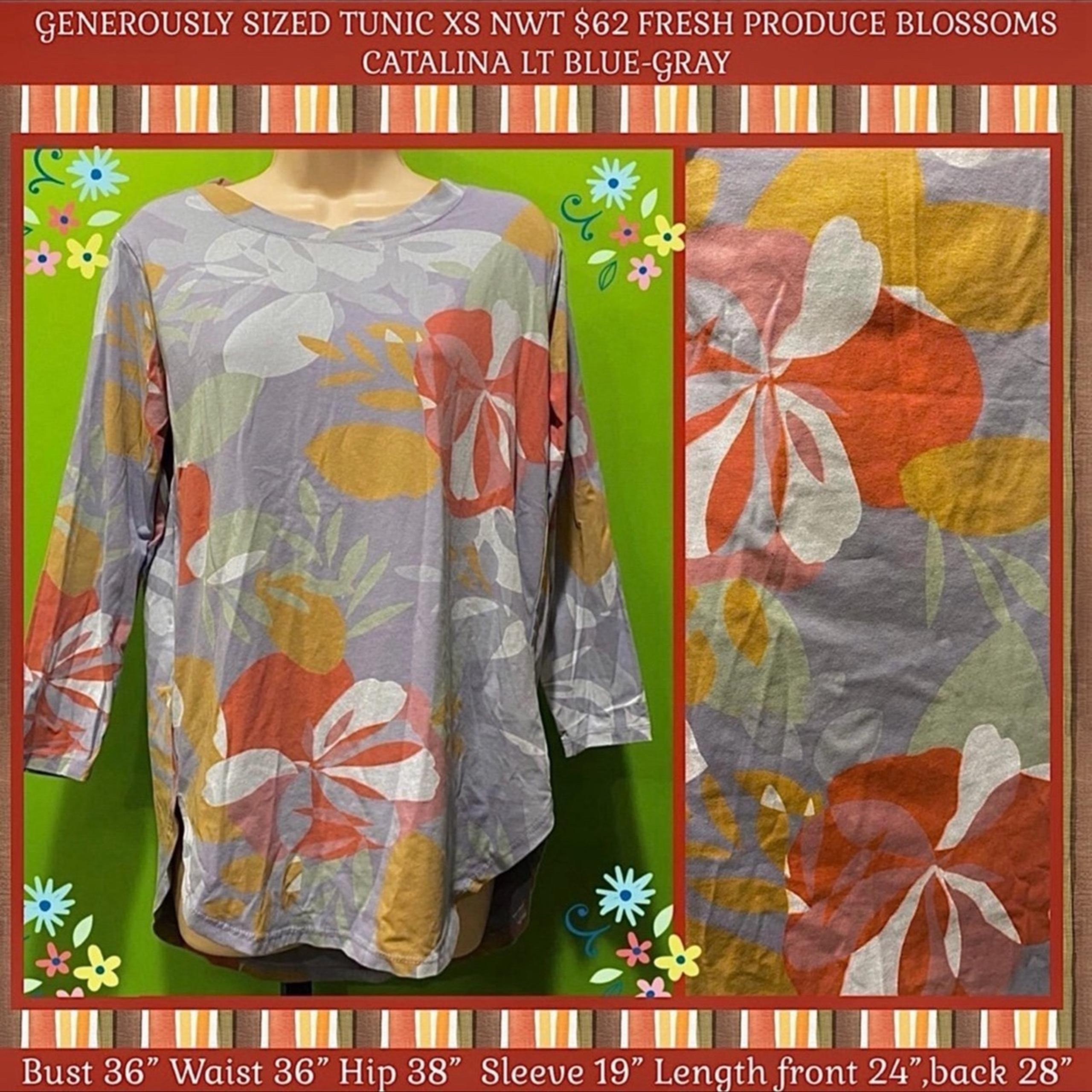 NWT $62 FRESH PRODUCE GENEROUSLY SIZED TUNIC TAG SZ XS LISTED AS SM LT BLUE-GRAY