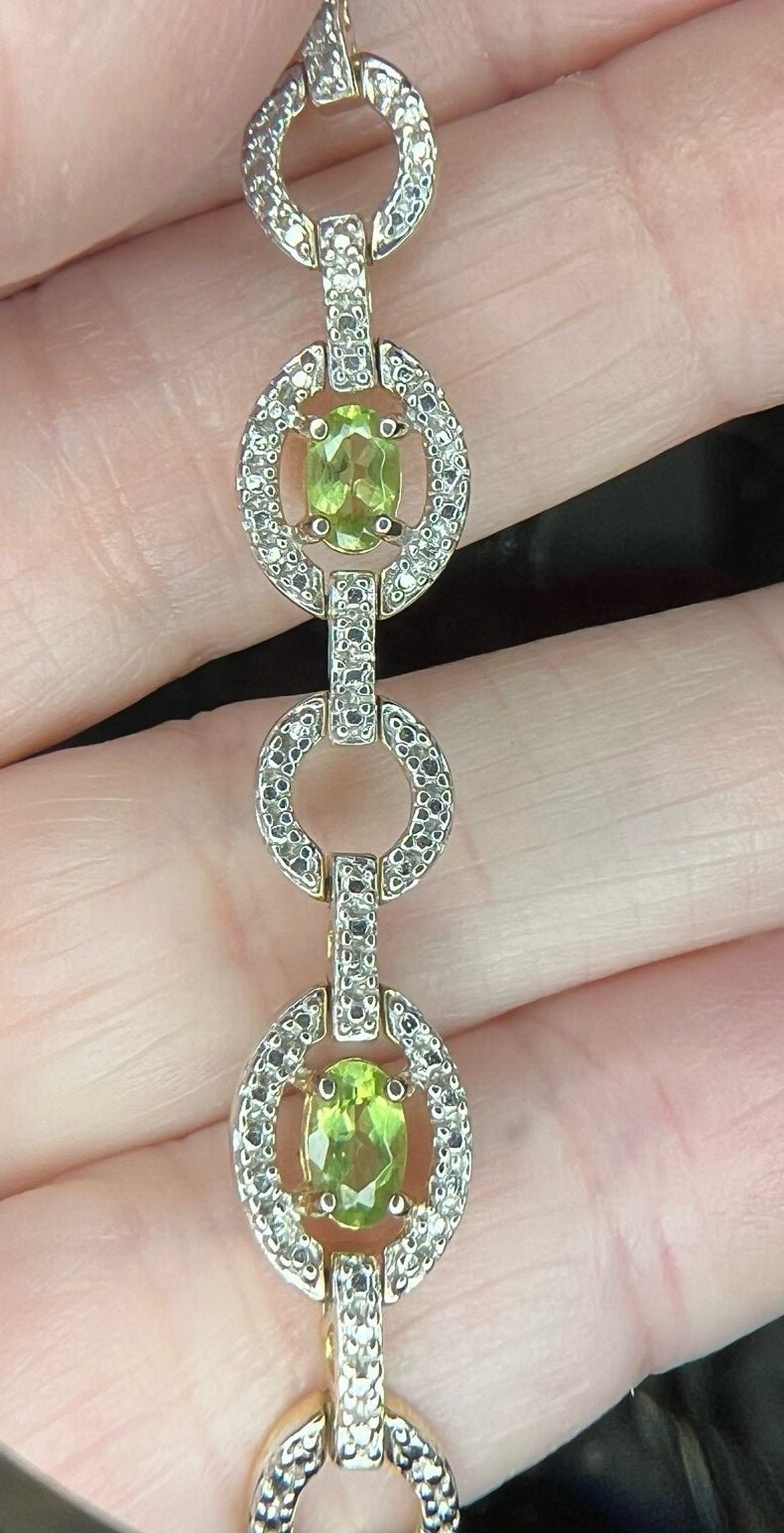 Vtg Genuine Peridot Gemstone, Vermeil Sterling Bracelet 7.5”, Signed R