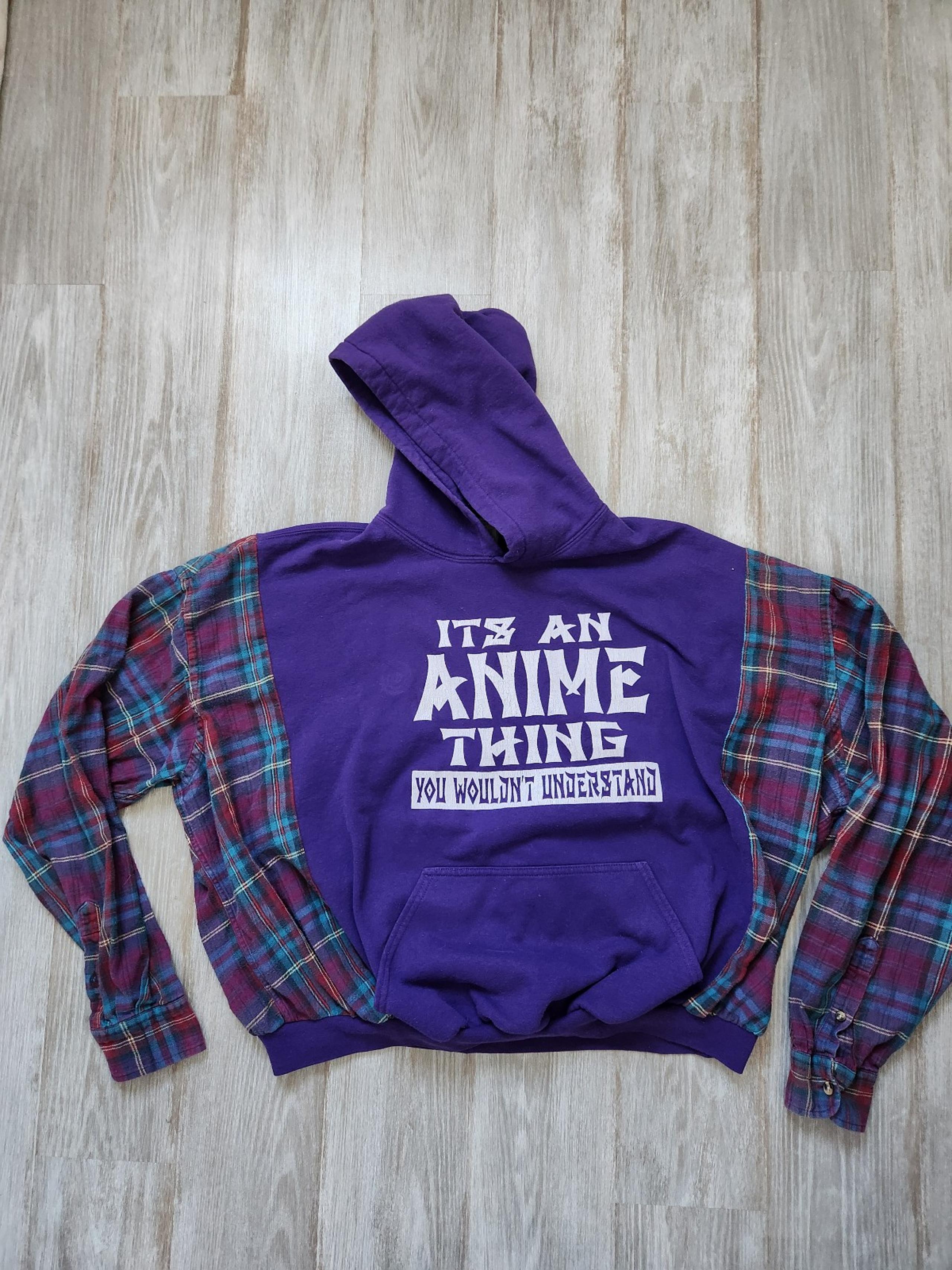 It's An Anime Thing Purple Plaid Flannel Sleeve Hooded Sweater Size Extra Large