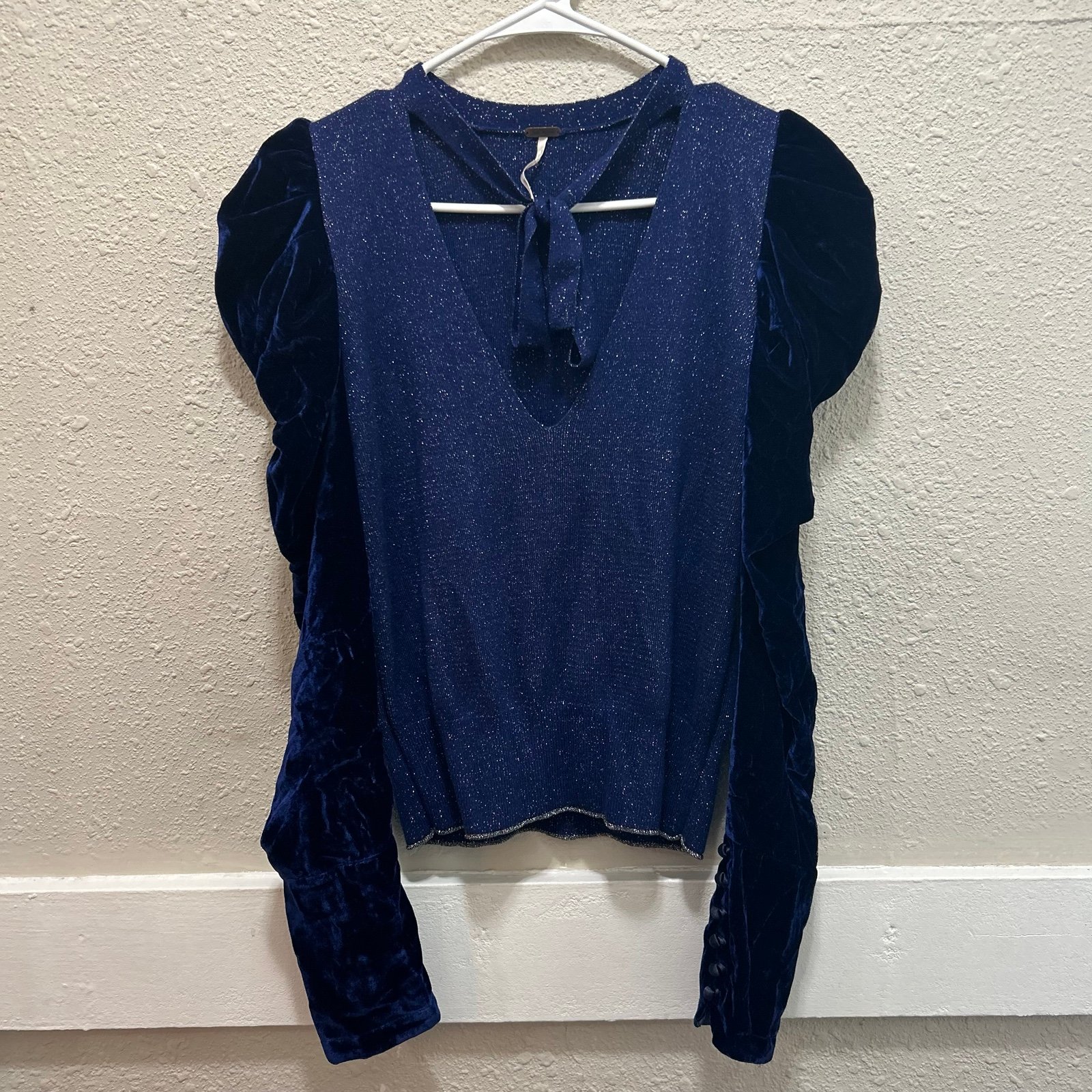 FREE PEOPLE LUREX BLUE VELVET PUFF SLEEVE SWEATER SMALL