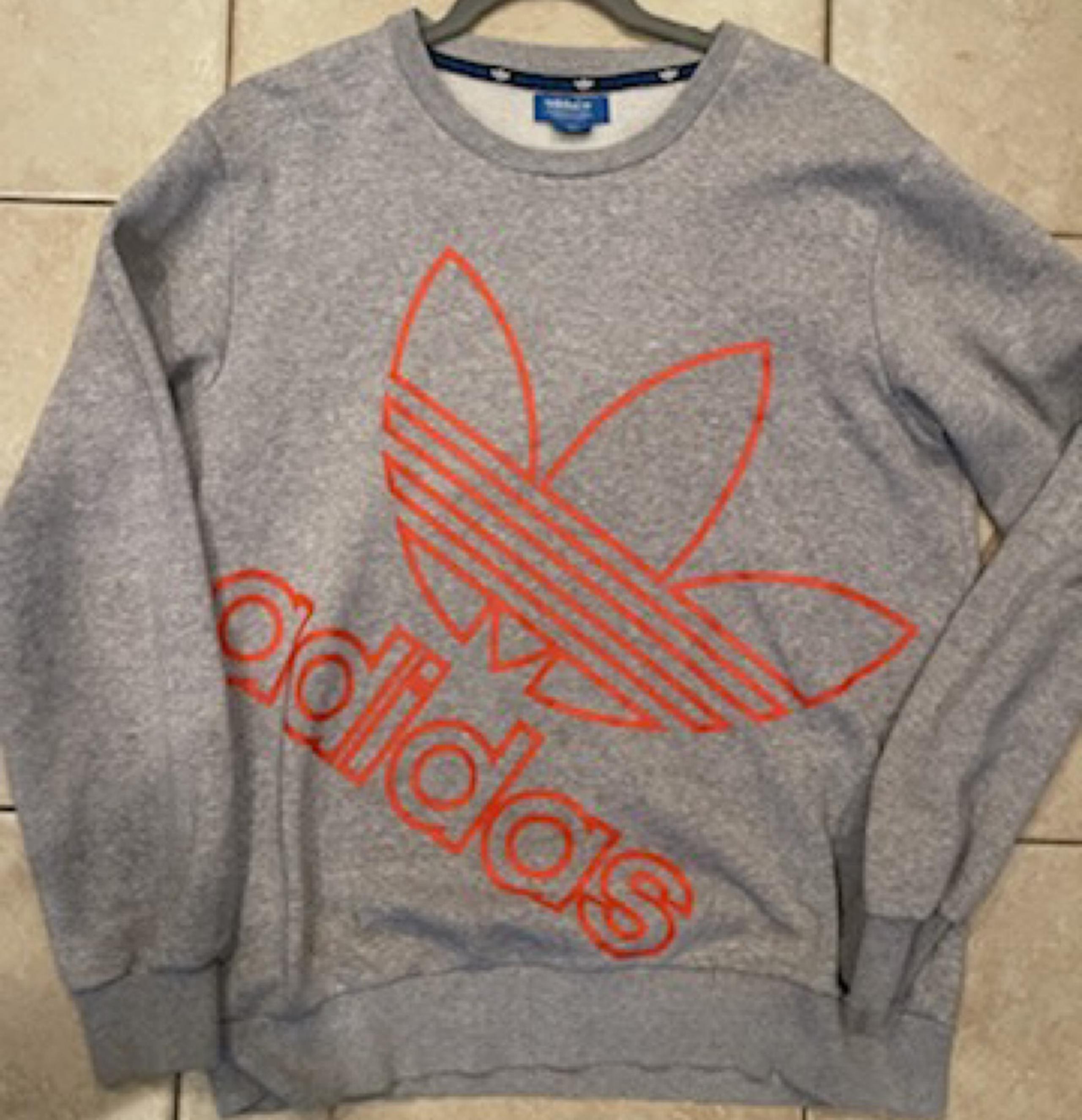 Classic Adidas Crewneck Sweater with large logo Mens Medium Grey& Orange
