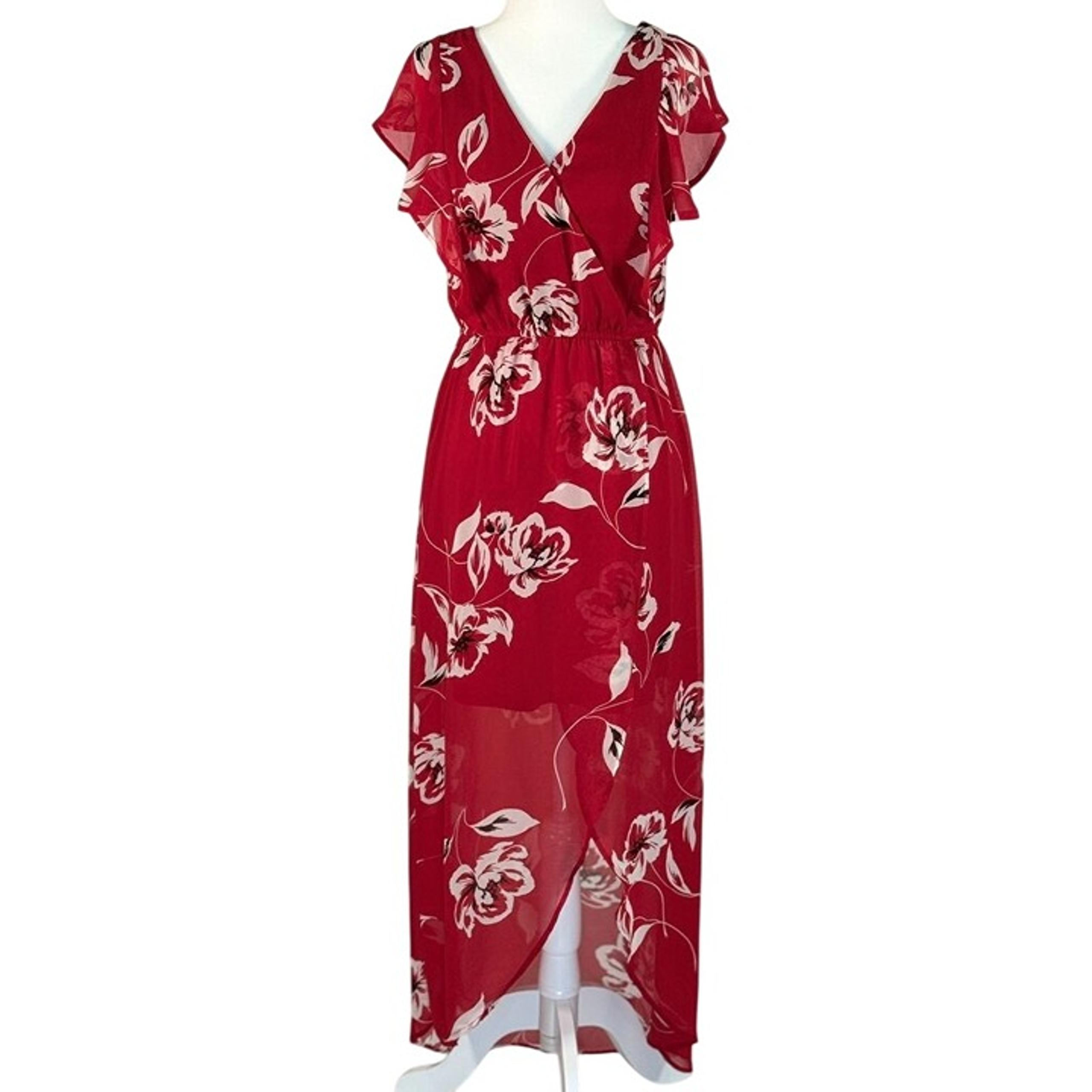 MauricesX-Small Womens Floral Wrap Dress Red White Ruffle Sleeve Maxi Sheer Over