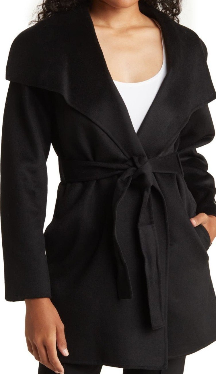 NWT ELIE TAHARI DOUBLE FACE WOOL BLEND WRAP COAT BLACK SIZE M
