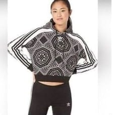 ADIDAS | Black & White Bandana Print Cropped Hoodie Kaleidoscope Women’s Size S