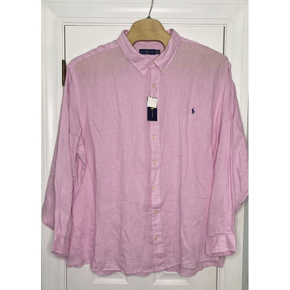 Polo Ralph Lauren Mens Long Sleeve Button Front Shirt Pink 5XB Linen New