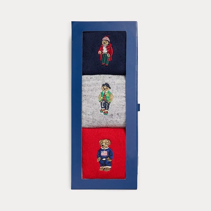 NEW Polo by Ralph Lauren Set of 3 Embroidered Bear Roll Top Men's Socks Gift Box