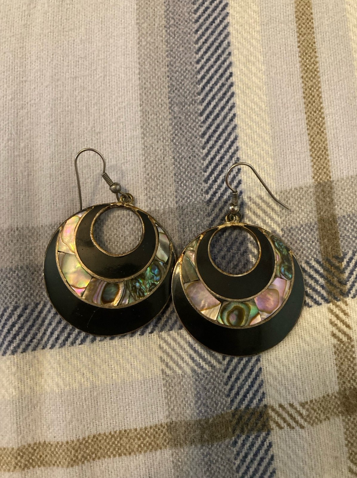 Vintage 1980s hand made in Mexico ALPACA silver abalone inlaid earrings dangle !