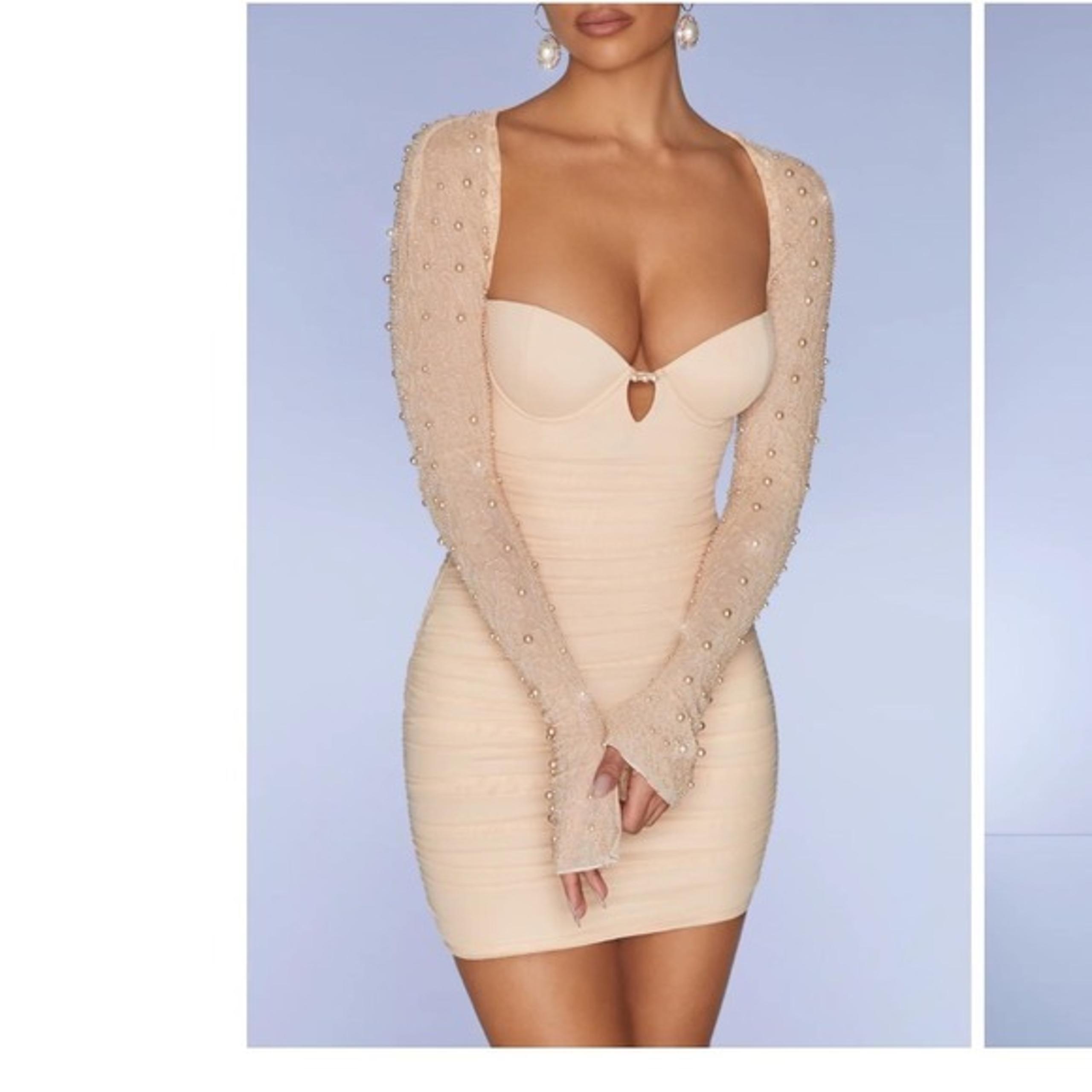 Size 4 Oh Polly St. Germain Mini Dress Embellished Long Sleeve Sand color