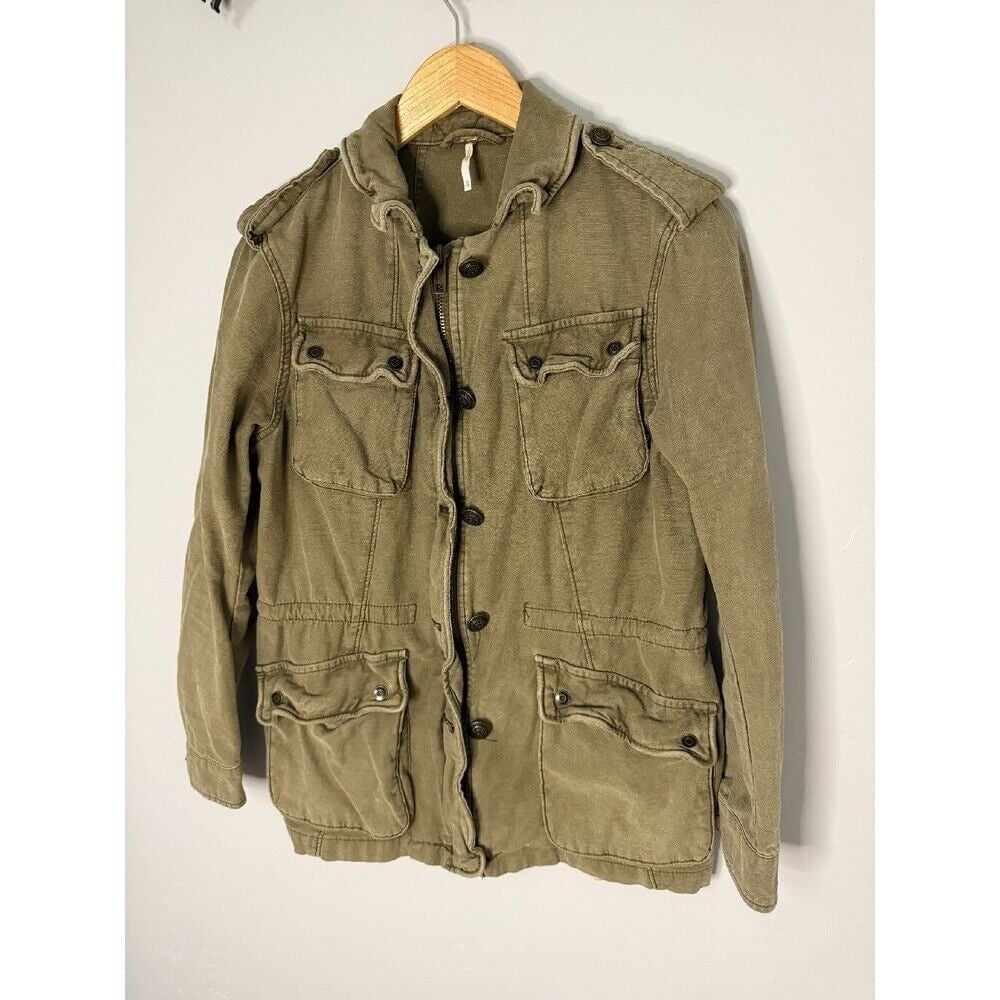 Free People Military Jacket Olive Green Four Pocket Utility Coat Size XS