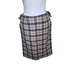 Vintage 60s Jantzen Pencil Skirt Womens Size Small Beige Blue Plaid Side Lace Up