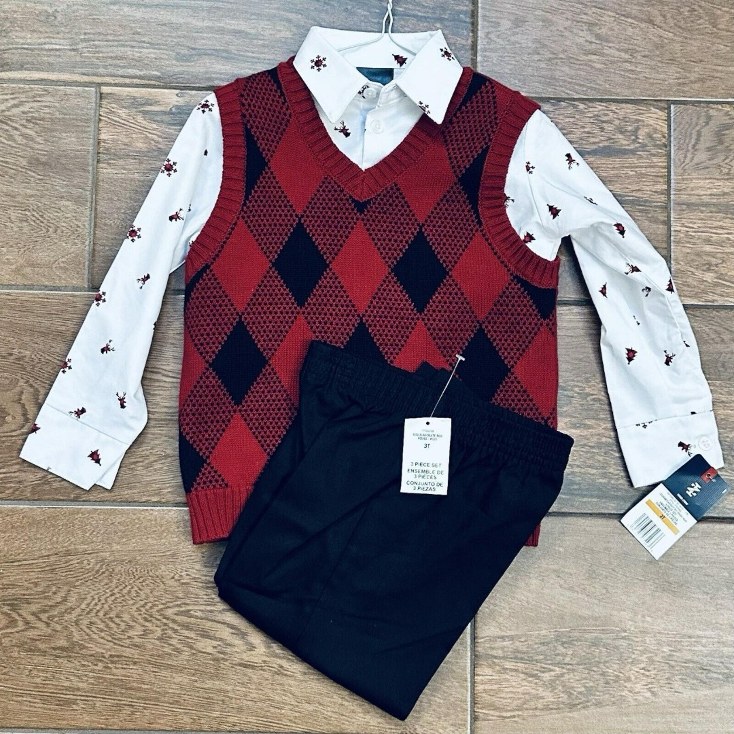 NWT IZOD Toddler 3T Boys Holiday 3 Piece Outfit Argyle Sweater Set Buffalo Plaid