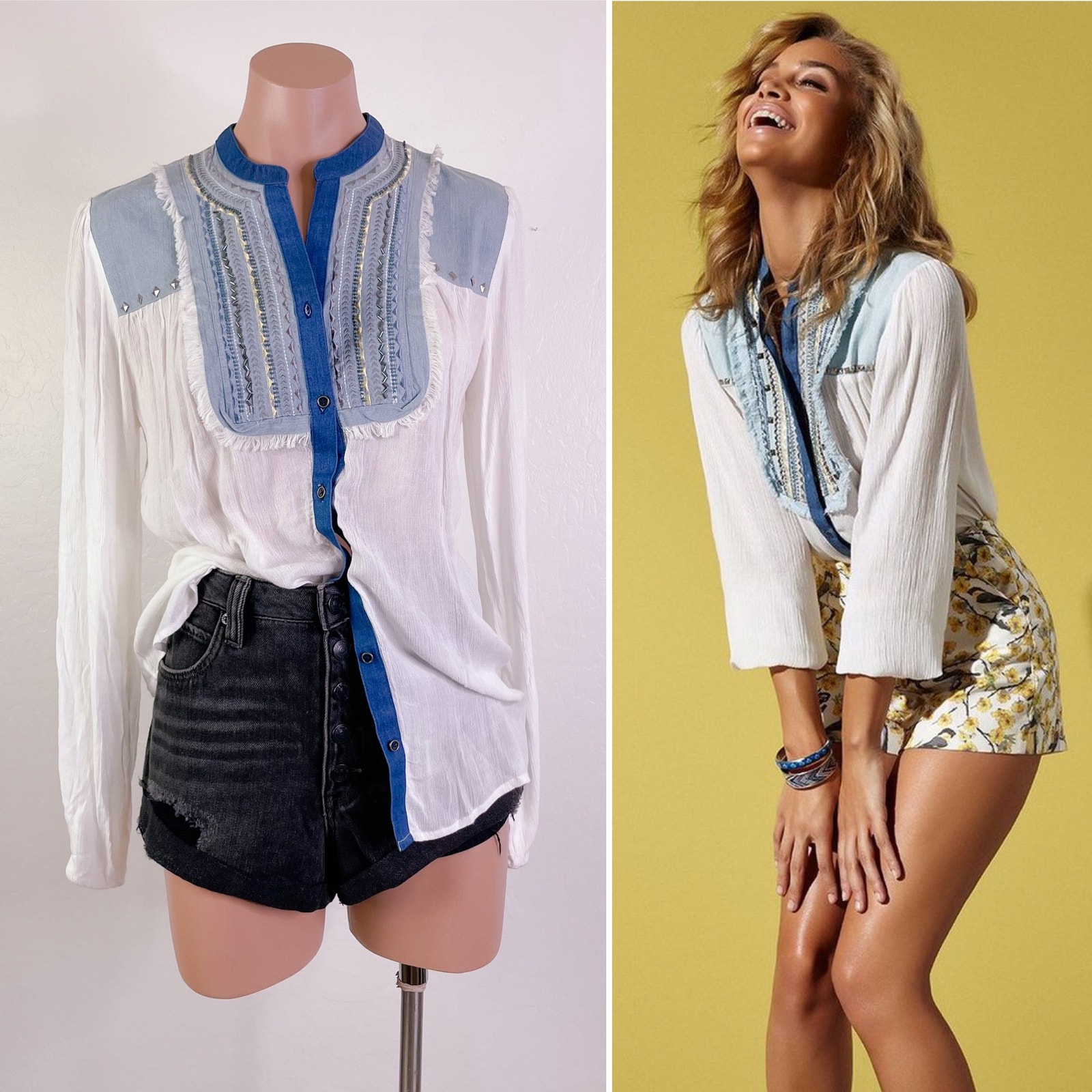Desigual Denim Trim Shirt Button Down Long Sleeve Boho Blouse White size S NWT