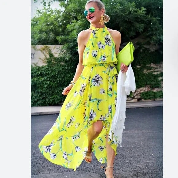 Eliza J Women's Floral Halter Ruffle Dress High Low Hem Chiffon Yellow Size XS?