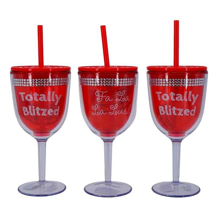 Holiday Wine Glasses (Set of 3) Double Walled, Bling, Lid, Straw