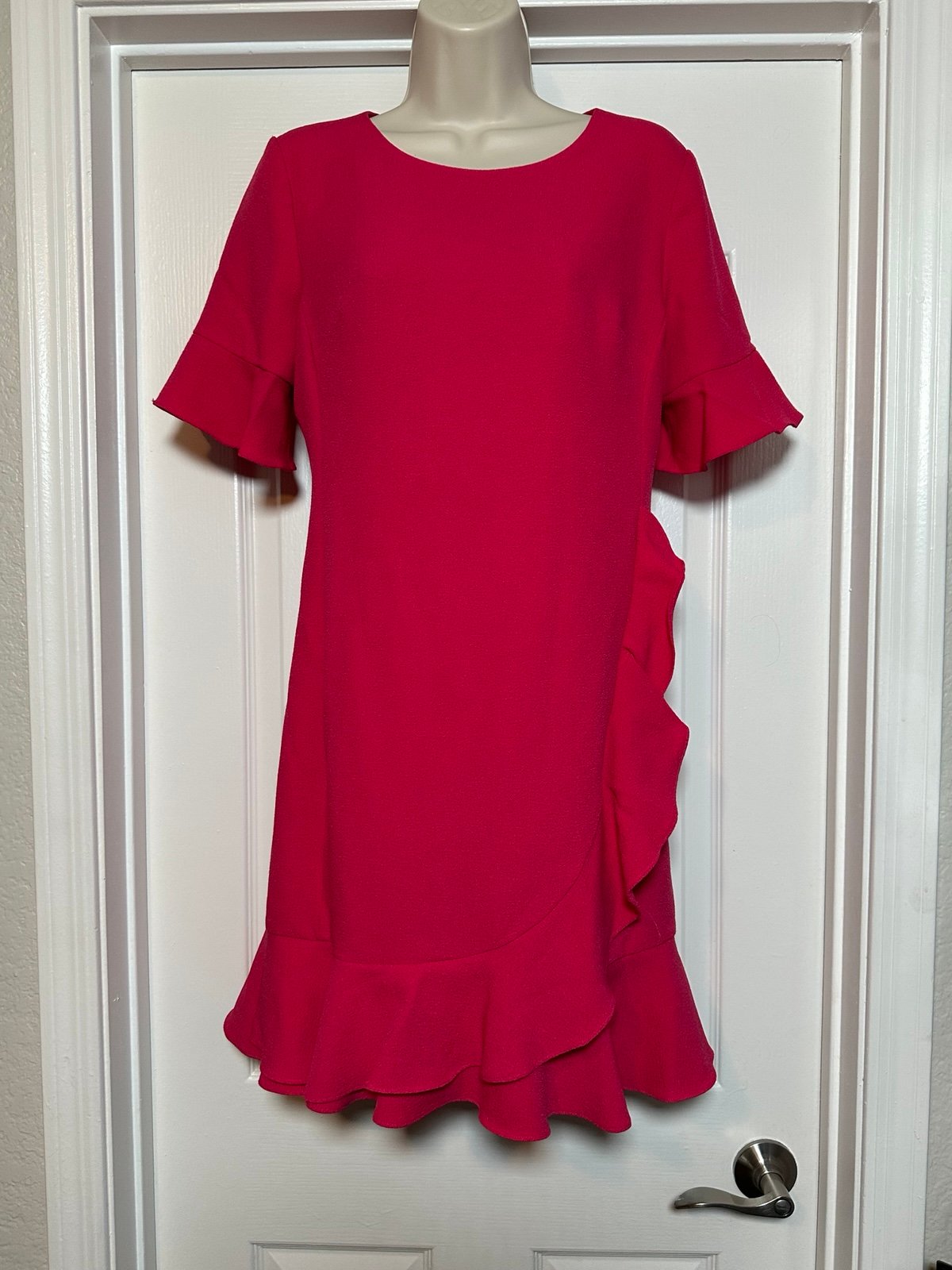 Karl Lagerfeld Paris Fuchsia Scoop Neck Ruffle Midi Women’s Short Sleeve Dress