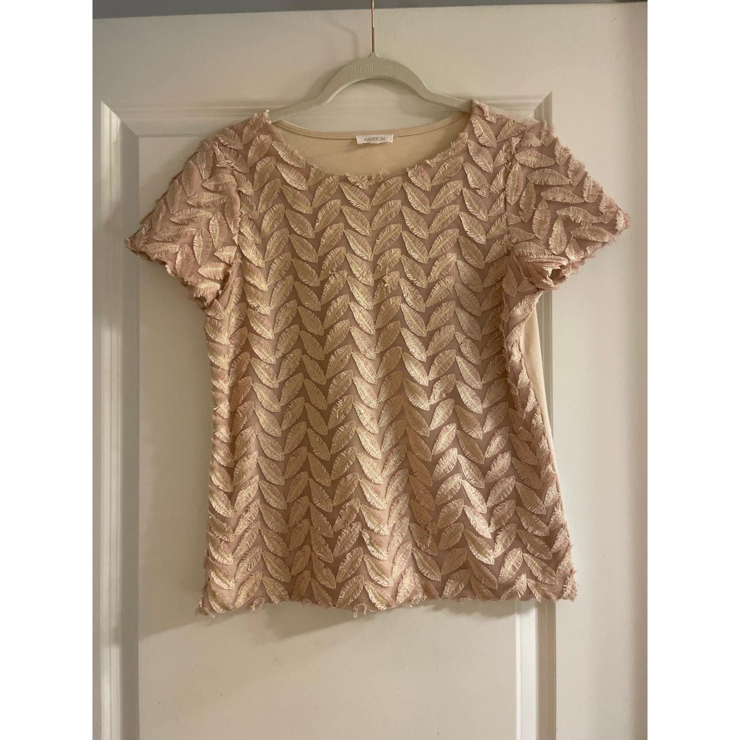 Anthropologie Weston Blush Pink Plume Point Embroidered Feathered Top Size Small